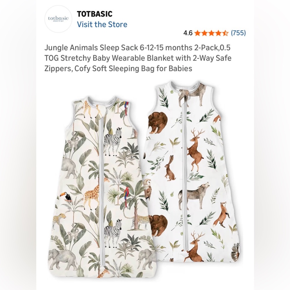 NWT TotBasic 2 Sleep Sacks 25-24 Mos Wearable Blankets For Babies (Animal Print)